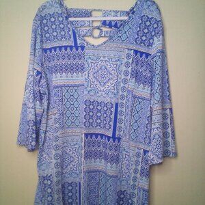N Touch Blouse Shirt Women XL 3/4 Sleeve Cut Out Soft Stretch Pattern Blue
